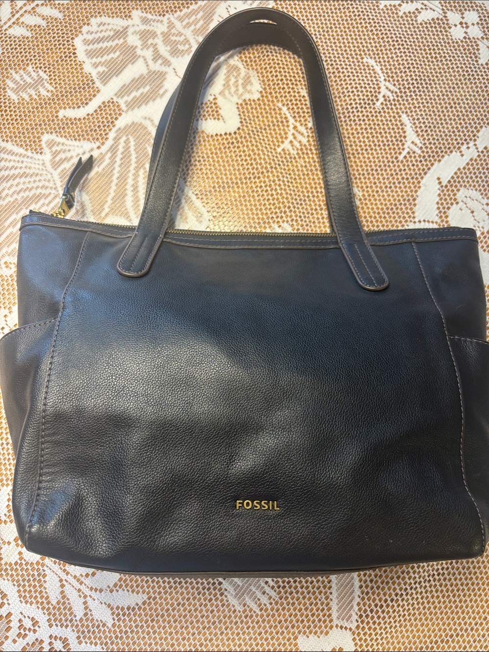 Fossil Black Leather Tote with Gold Logo